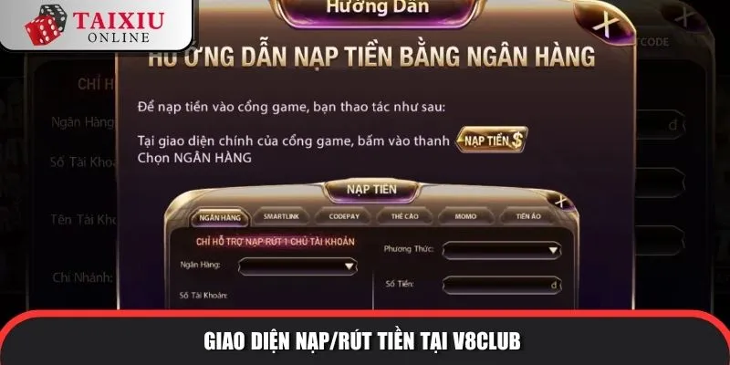 Giao diện nạp/rút tiền tại V8Club
